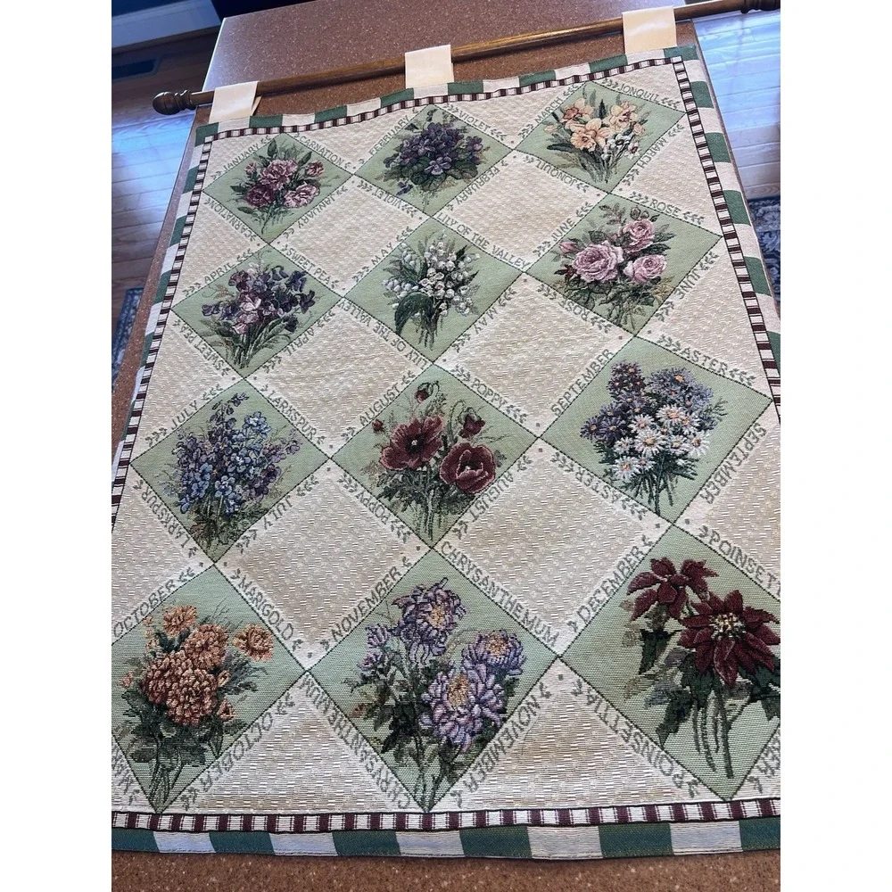 Vintage Birth Flower Of The Month Tapestry Throw Blanket Needlepoint Cottagecore